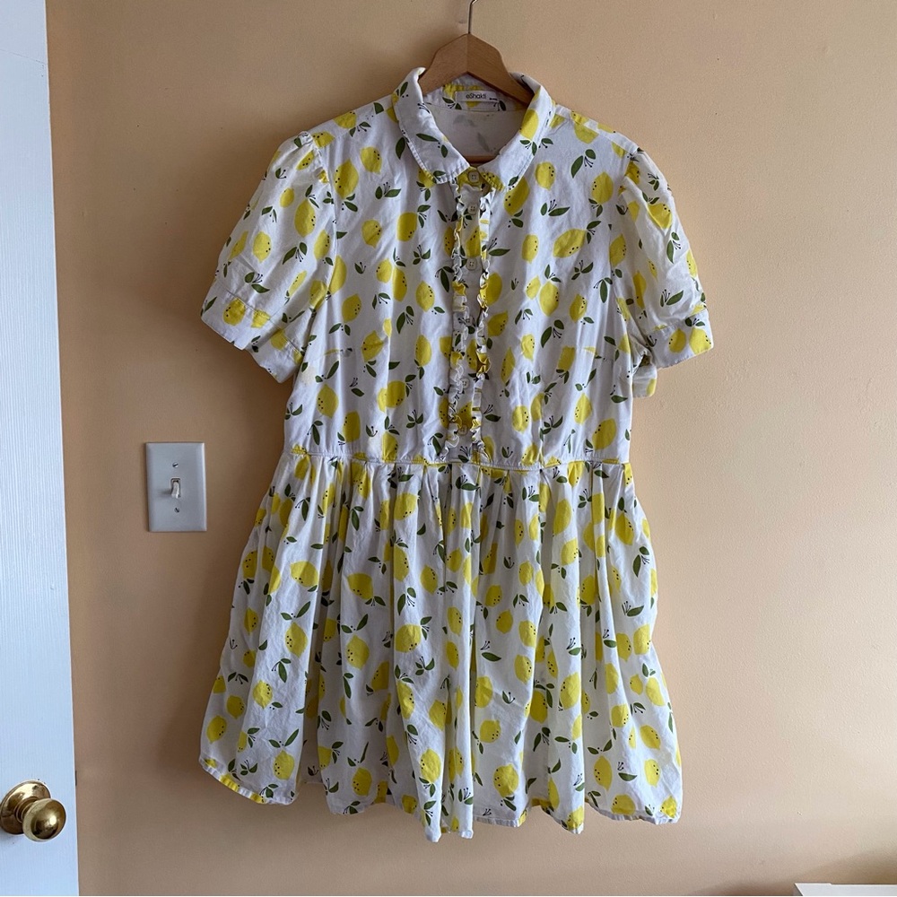 eShakti Lemon Print Dress Woman 2X Pockets Button Front Fit & Flare Cottagecore - Picture 2 of 12